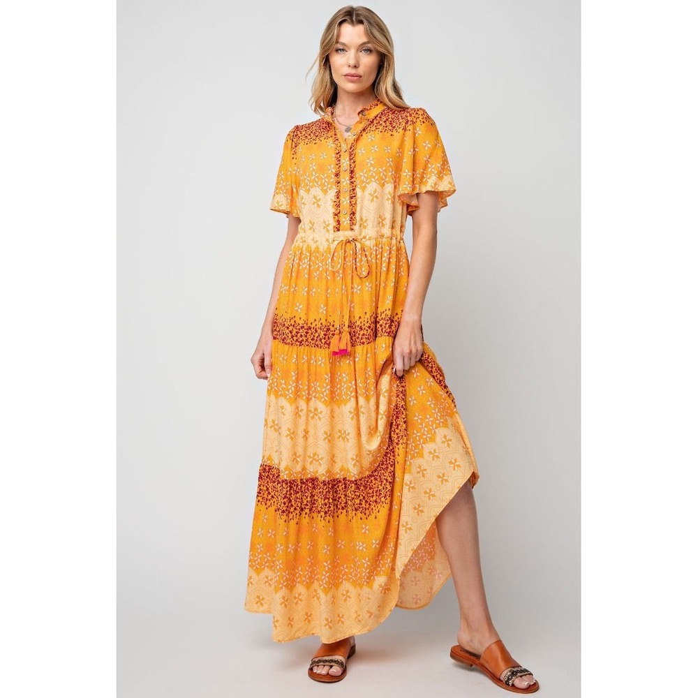 Easel Border Printed‎ Challis Maxi Dress Yellow Orange Wing Sleeve Small